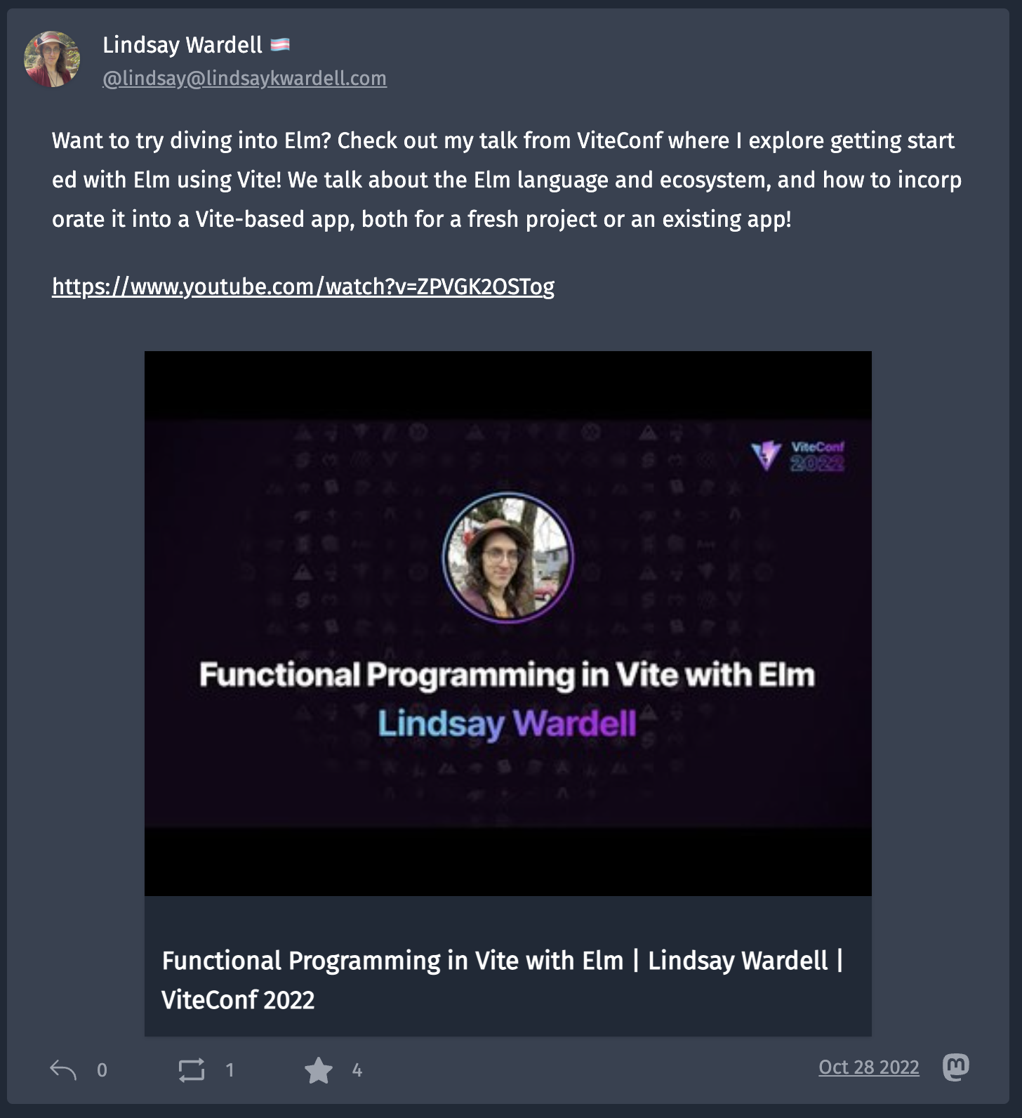 A post about my ViteConf talk on using Elm in Vite, displayed on my website